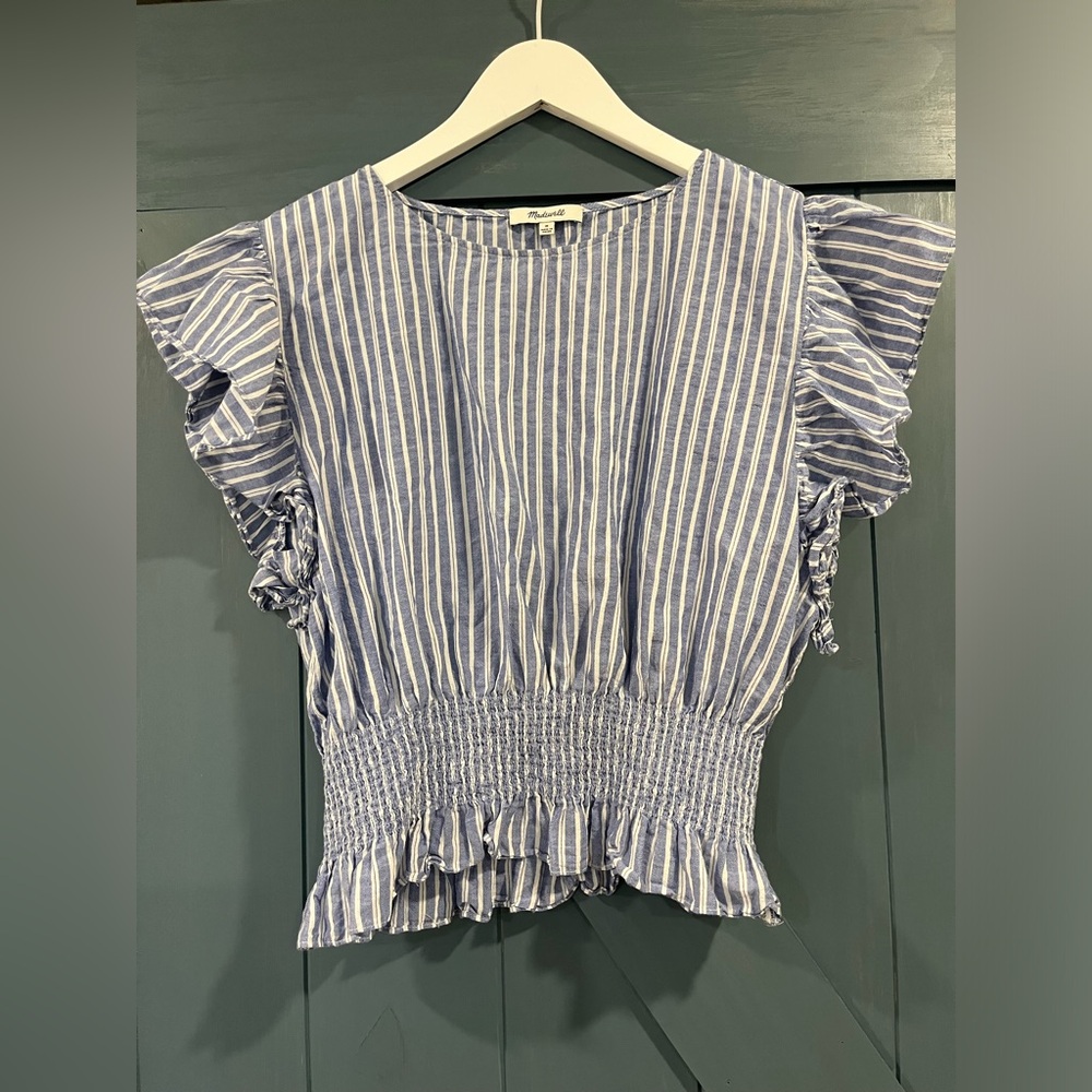 Madewell Flutter-Sleeve Smocked Top in Stripe Size Medium - Picture 3 of 7